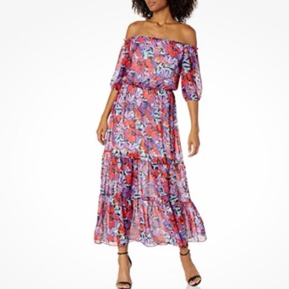Caribbean Joe red Bloom Floral Tiered Dress Medium (e1)